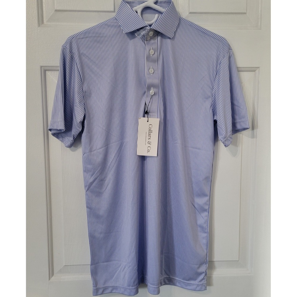 Collars and Co Dress Collar‎ Polo Shirt Mens Small Blue White Stripe Performance